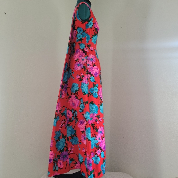 70s Red Blue Color Scheme Hawaiian Floral Poly Knit Maxi Tank Dress Gown  No Sz - Picture 6 of 9